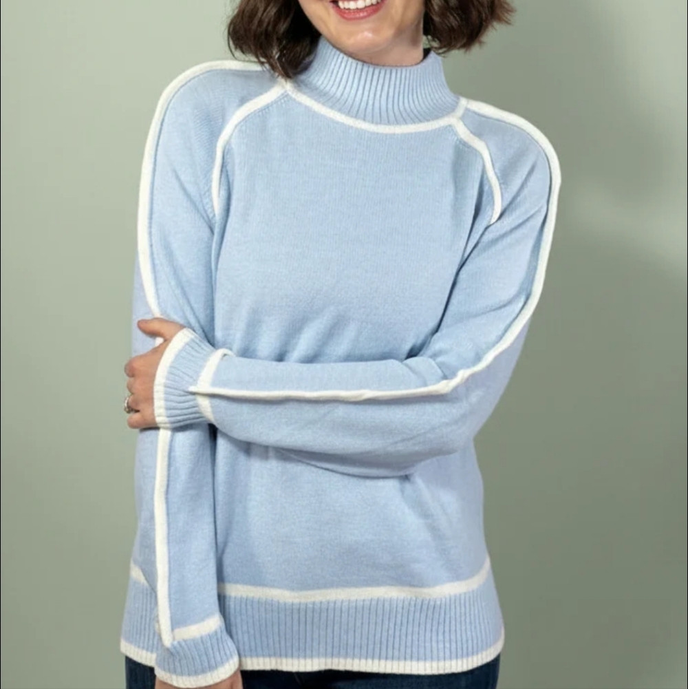 Blue Turtleneck Sweater with White Trim